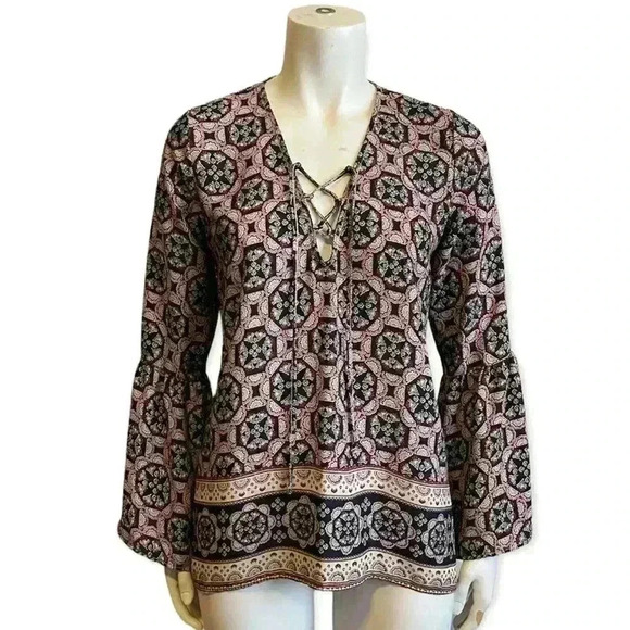 ABERCROMBIE & FITCH Bohemian Block Print Lace Up Tunic Top Womens size small - Picture 1 of 10